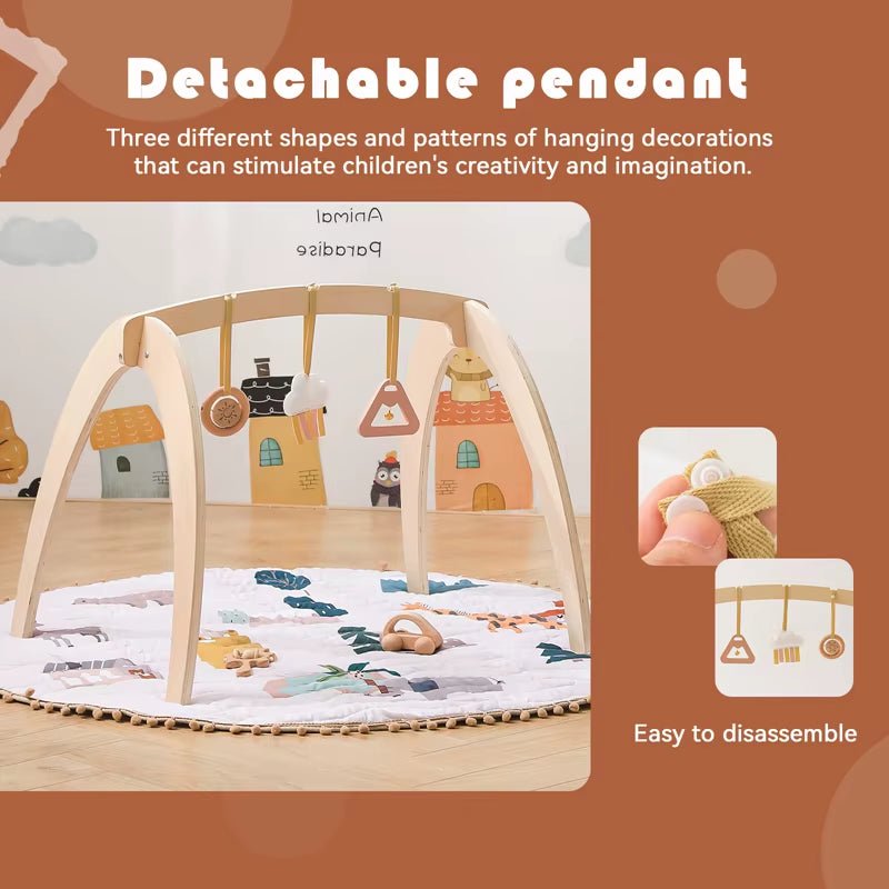 Natural Wooden Gym Game Holder Bracket Musical Lion Animal Pendant Baby Rattle Teether Rodent Stroller Chain Hanging Kid Gift - FLUFFI