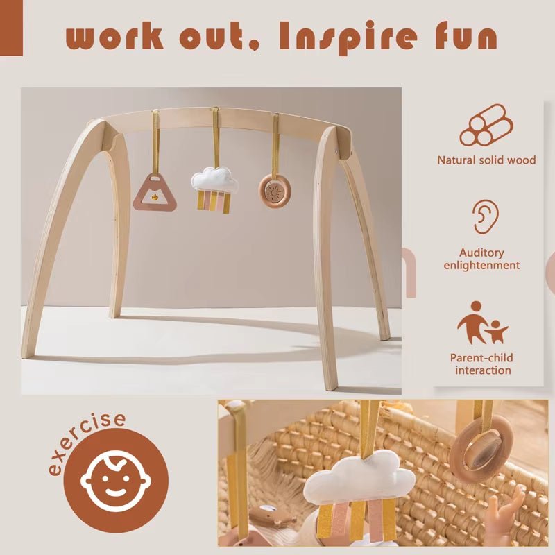Natural Wooden Gym Game Holder Bracket Musical Lion Animal Pendant Baby Rattle Teether Rodent Stroller Chain Hanging Kid Gift - FLUFFI