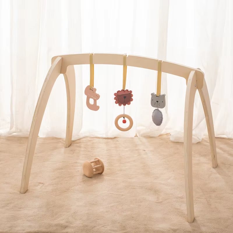 Natural Wooden Gym Game Holder Bracket Musical Lion Animal Pendant Baby Rattle Teether Rodent Stroller Chain Hanging Kid Gift - FLUFFI
