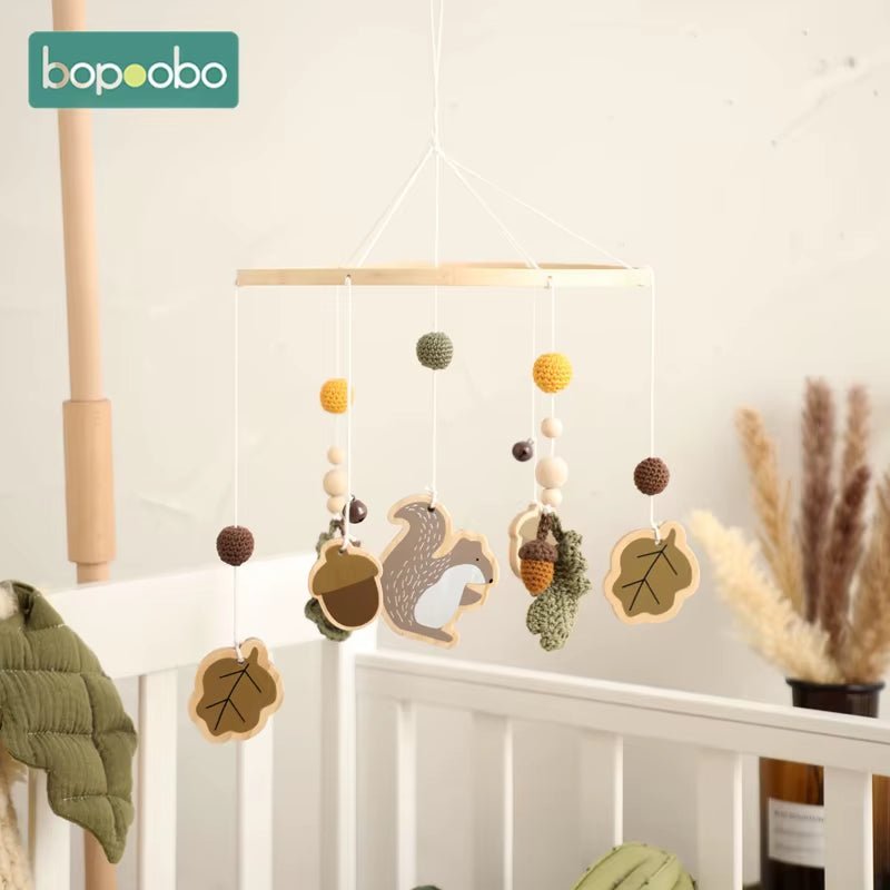 Newborn Crib Wood Squirrel Bed Bell Wool Rattles Toy Mobile Toddler 0 - 12 Months Mobile Rattles Carousel for Cos Musical Toy Gift - FLUFFI