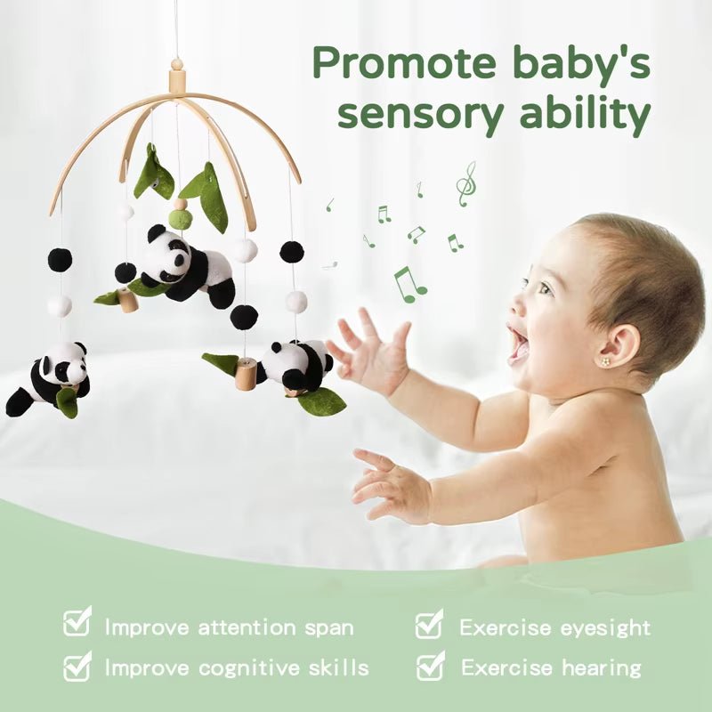 Newborn Panda Bamboo Leaf Bed Bell Toys 0 - 12 Months for Baby Crib Bed Wood Bell Mobile Toddler Carousel Cot Kid Musical Toy Gift - FLUFFI