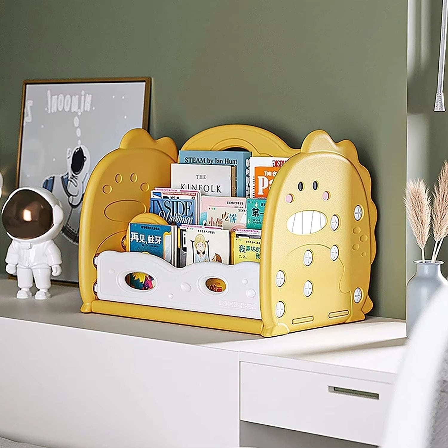 Open Bookshelf 3 - Tier Desktop Bookshelf Plastic Cute Dinosaur Bookcase Picture Book Storage Rack for Playroom Study Bedroom - FLUFFI