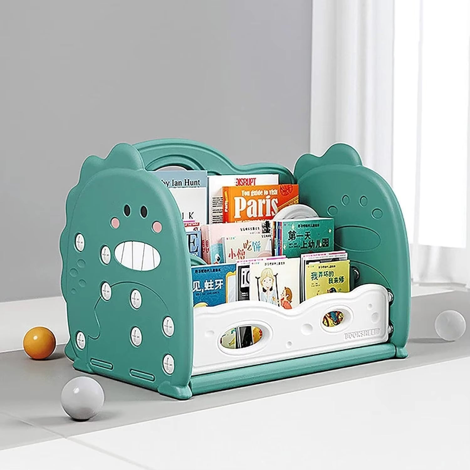 Open Bookshelf 3 - Tier Desktop Bookshelf Plastic Cute Dinosaur Bookcase Picture Book Storage Rack for Playroom Study Bedroom - FLUFFI