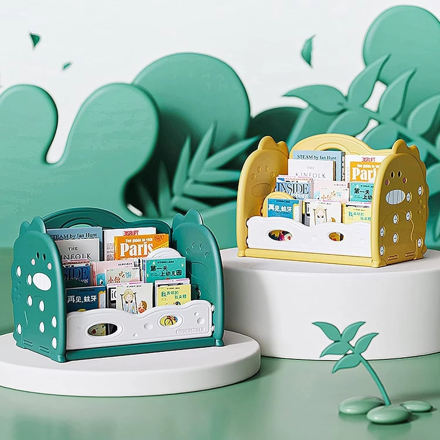 Open Bookshelf 3 - Tier Desktop Bookshelf Plastic Cute Dinosaur Bookcase Picture Book Storage Rack for Playroom Study Bedroom - FLUFFI