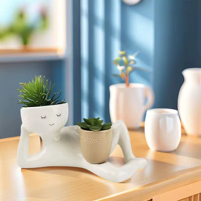 Relaxing Person Holding Pot Planter with Drainage Hole Penis Body Vase Decor Resin Funny Succulent Pot for Succulents Cactus - FLUFFI