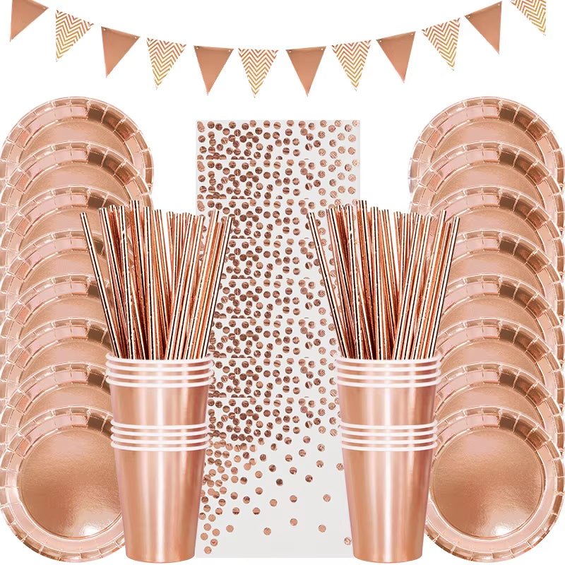 Rose Gold Party Disposable Tableware Set Paper Plate Cup Kids Adult Birthday - FLUFFI