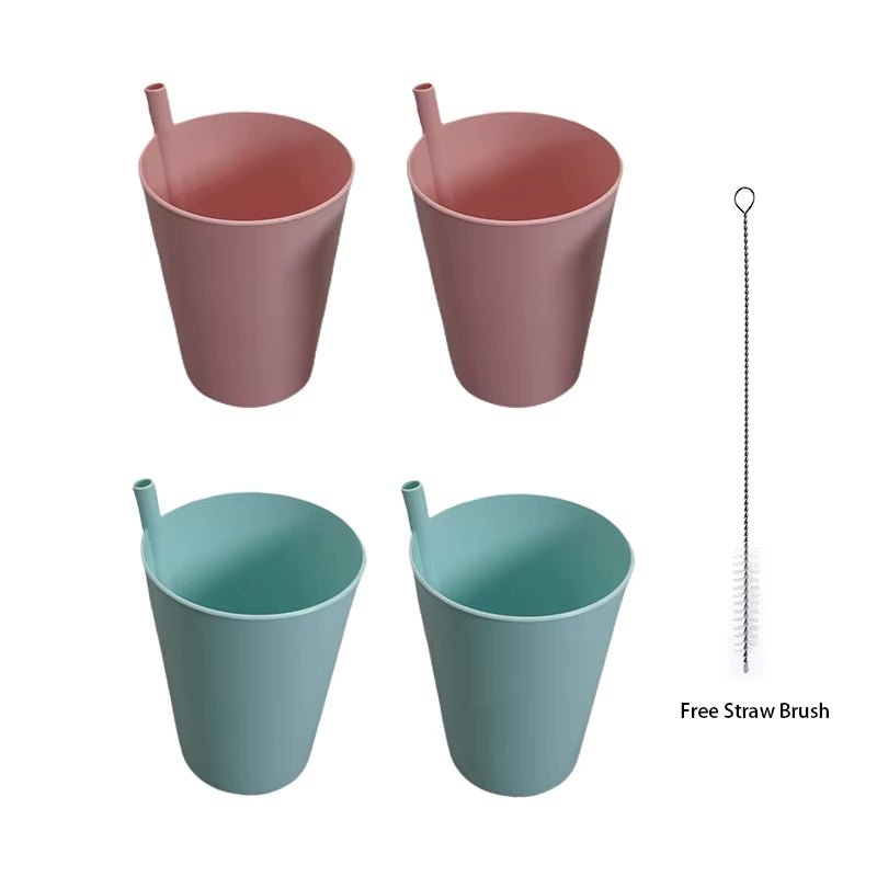 Set of 4 Built - In Straw Tumbler Plastic Sippy Drinking Cup for Children and Adults, Dishwasher and Microwave Safe - FLUFFI