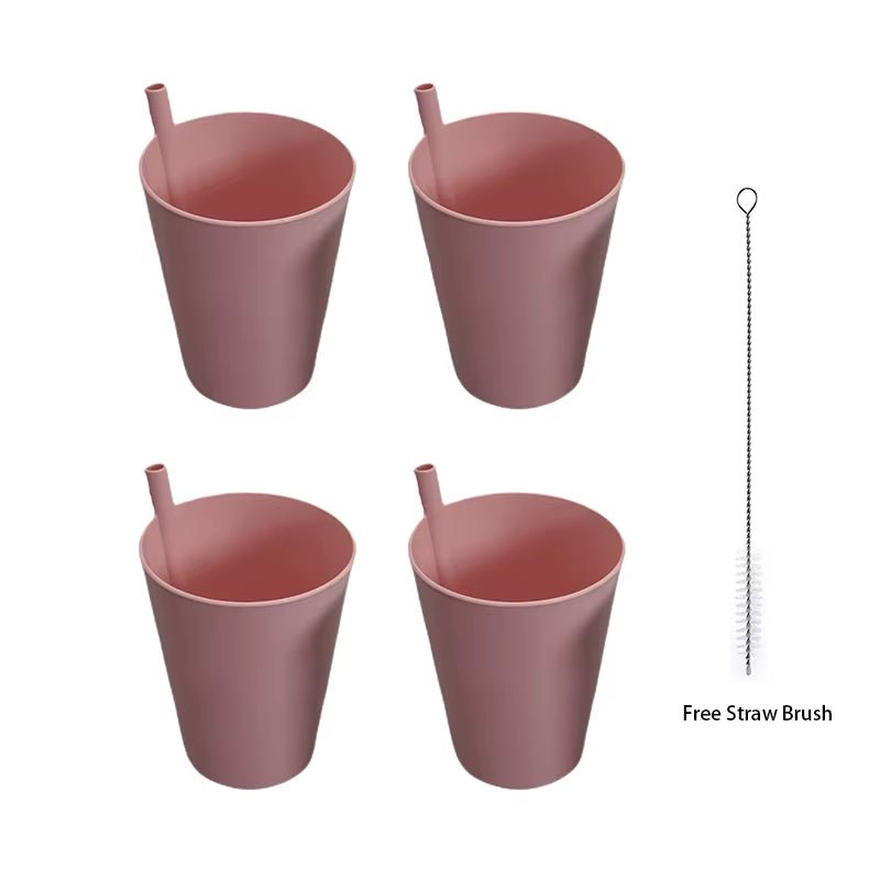 Set of 4 Built - In Straw Tumbler Plastic Sippy Drinking Cup for Children and Adults, Dishwasher and Microwave Safe - FLUFFI