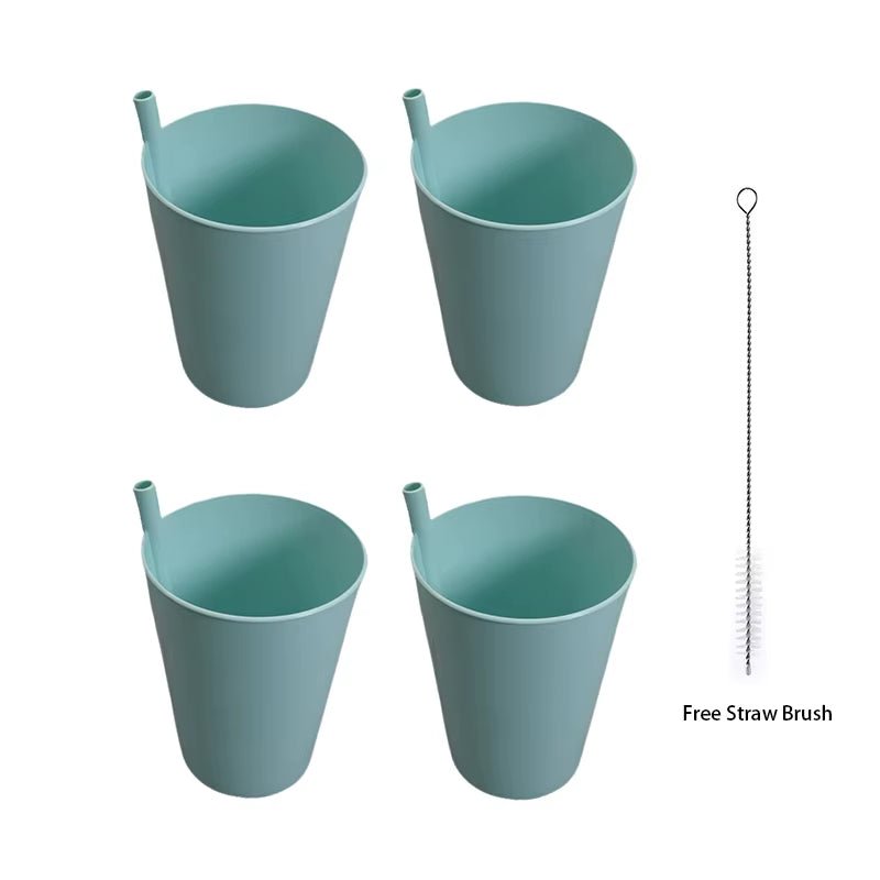 Set of 4 Built - In Straw Tumbler Plastic Sippy Drinking Cup for Children and Adults, Dishwasher and Microwave Safe - FLUFFI
