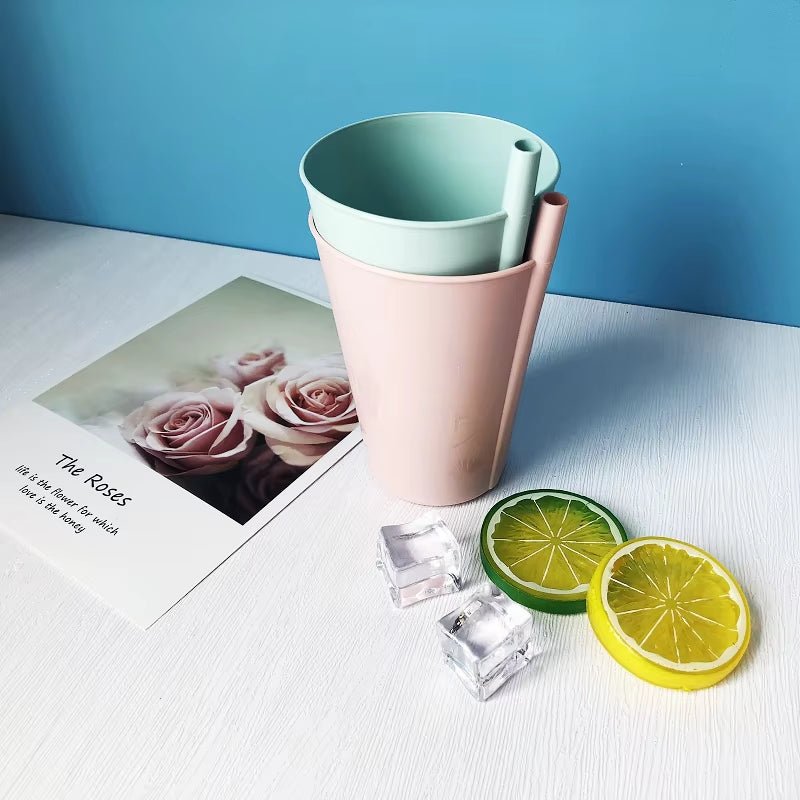 Set of 4 Built - In Straw Tumbler Plastic Sippy Drinking Cup for Children and Adults, Dishwasher and Microwave Safe - FLUFFI