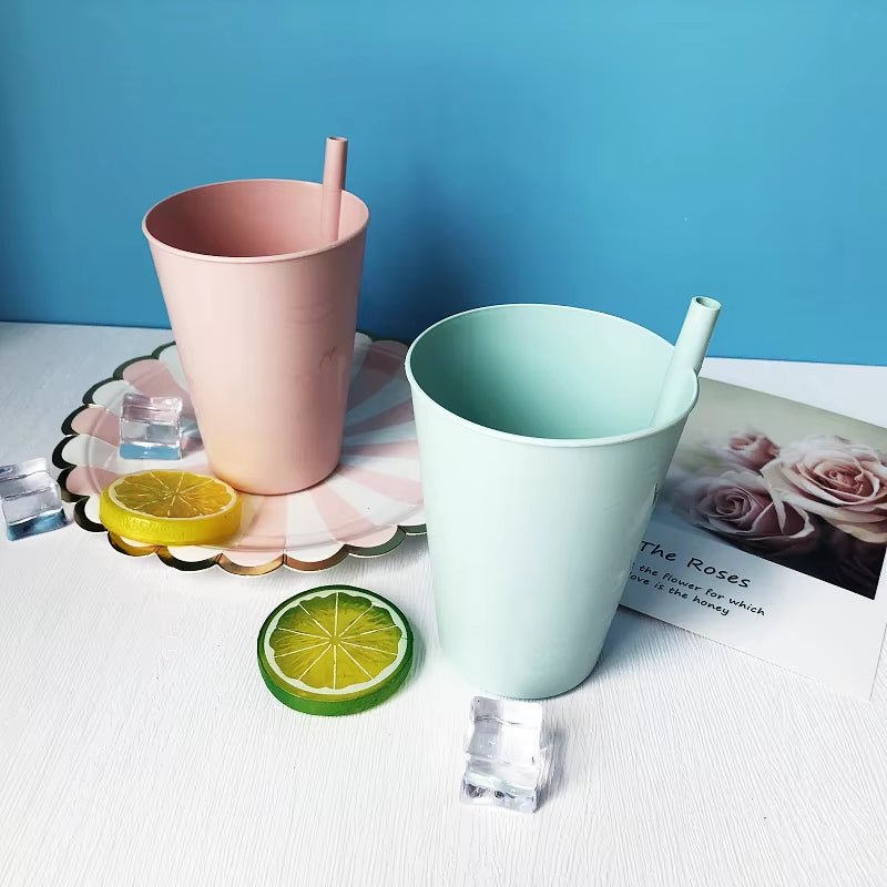 Set of 4 Built - In Straw Tumbler Plastic Sippy Drinking Cup for Children and Adults, Dishwasher and Microwave Safe - FLUFFI