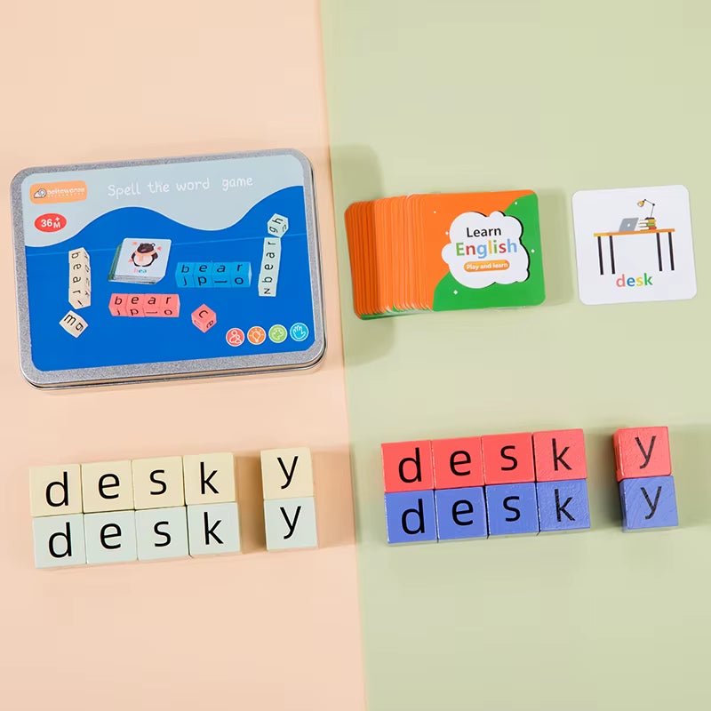 Spell the Word Game, Wooden Reading Building Blocks with 54 Cards, Montessori Alphabet Learning Toy - FLUFFI