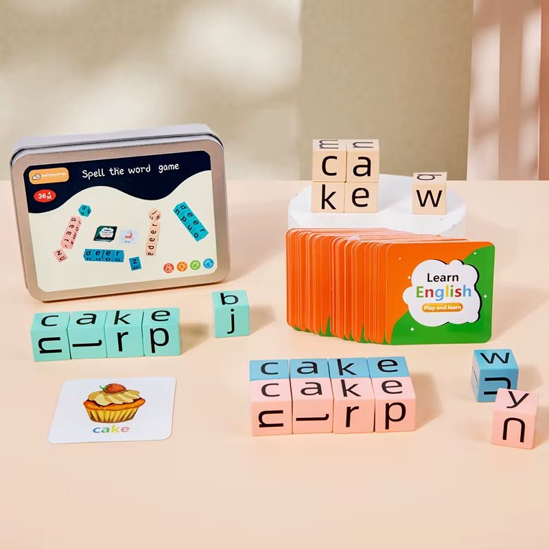 Spell the Word Game, Wooden Reading Building Blocks with 54 Cards, Montessori Alphabet Learning Toy - FLUFFI
