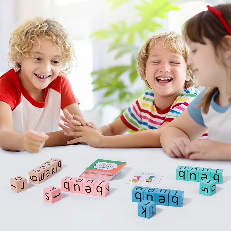 Spell the Word Game, Wooden Reading Building Blocks with 54 Cards, Montessori Alphabet Learning Toy - FLUFFI