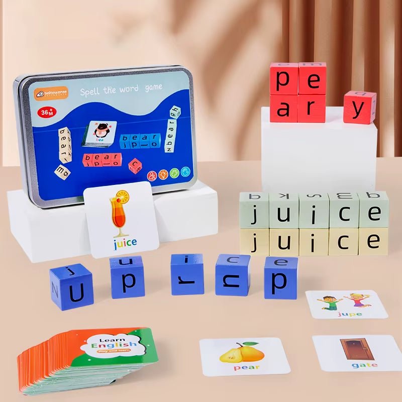 Spell the Word Game, Wooden Reading Building Blocks with 54 Cards, Montessori Alphabet Learning Toy - FLUFFI