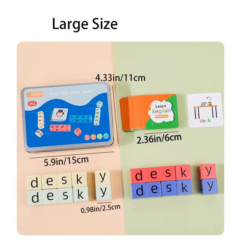 Spell the Word Game, Wooden Reading Building Blocks with 54 Cards, Montessori Alphabet Learning Toy - FLUFFI