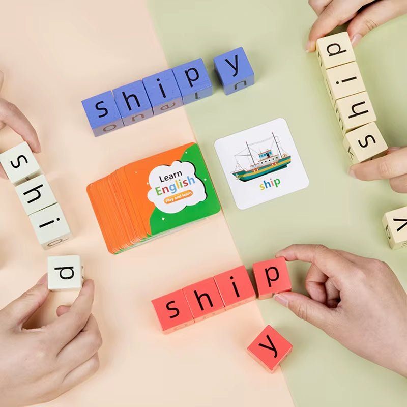 Spell the Word Game, Wooden Reading Building Blocks with 54 Cards, Montessori Alphabet Learning Toy - FLUFFI