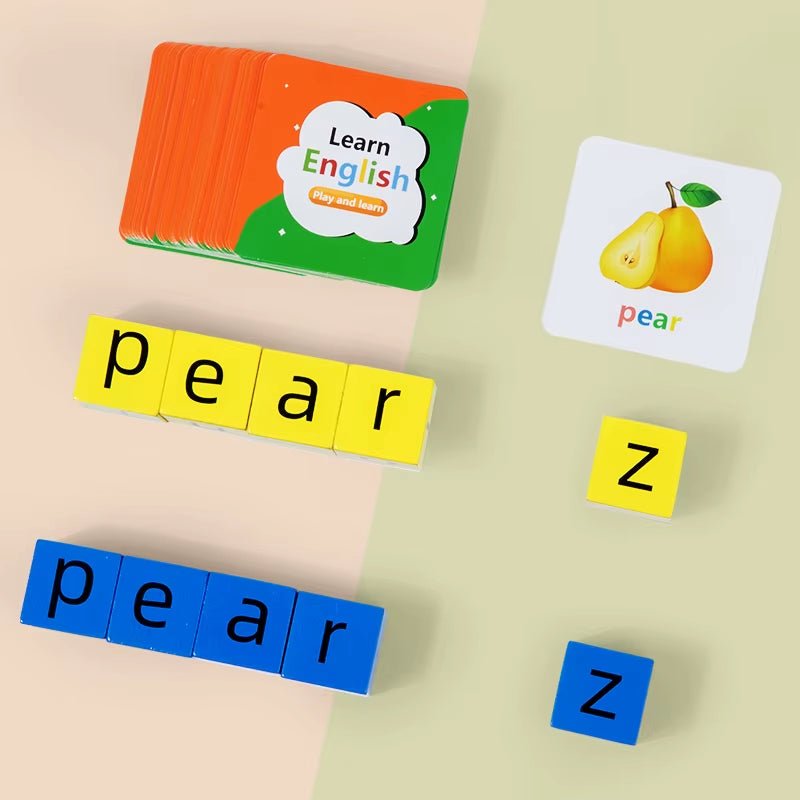Spell the Word Game, Wooden Reading Building Blocks with 54 Cards, Montessori Alphabet Learning Toy - FLUFFI