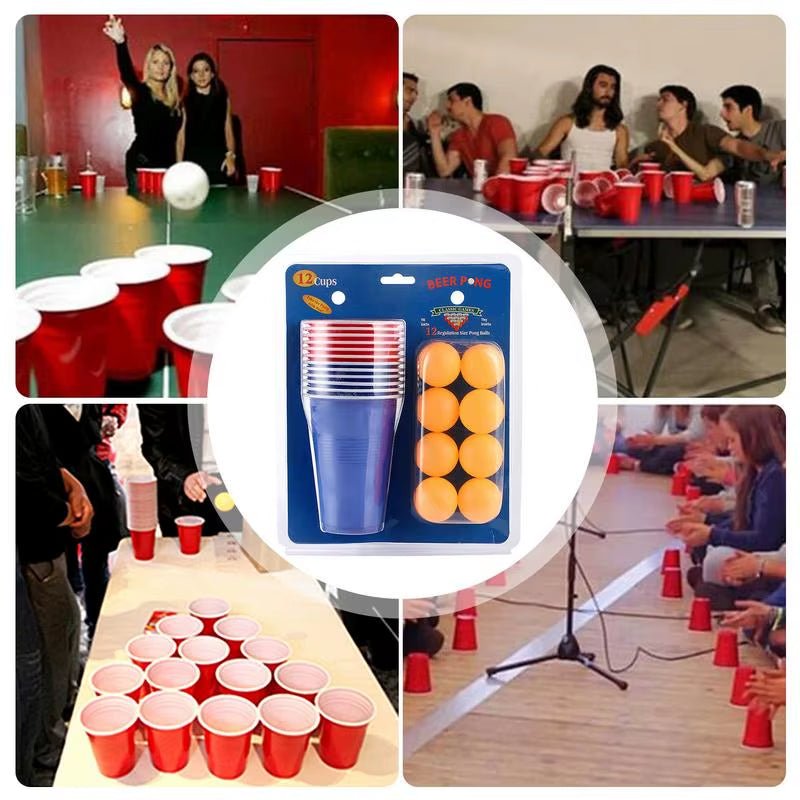 Table Tennis Ball Set Party Game Pong Glasses for Bachelor Red and Blue Beer Drinking Cup Set with Pong Balls &12 Beer Glasses - FLUFFI