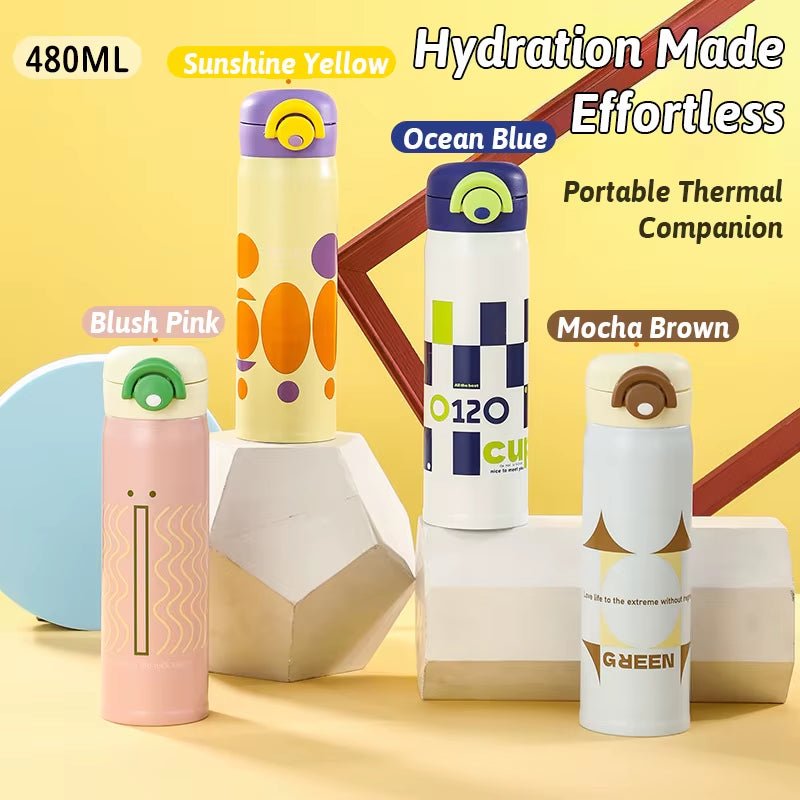 Thermos 480Ml Stainless Steel One Touch Lid Insulated Cup Portable Leak Proof Hot Cold Beverage Bottle Pink Yellow Blue Brown - FLUFFI