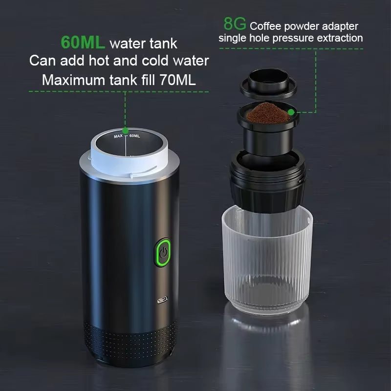 Wireless Electric Portable Espresso Coffee Machine for Car & Home Camping Coffee Maker 3 - In - 1 Capsule Powder Travel Coffee Maker - FLUFFI