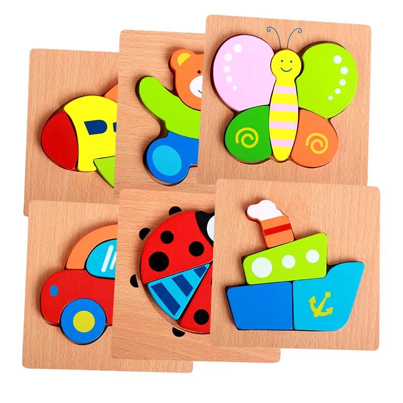 Wooden Animal and Vehicle Puzzles for Toddlers, Boys and Girls Educational, Bright Color Different Shapes - FLUFFI
