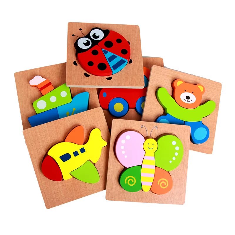 Wooden Animal and Vehicle Puzzles for Toddlers, Boys and Girls Educational, Bright Color Different Shapes - FLUFFI