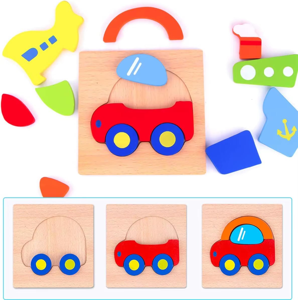 Wooden Animal and Vehicle Puzzles for Toddlers, Boys and Girls Educational, Bright Color Different Shapes - FLUFFI
