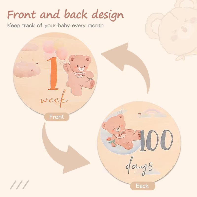 Wooden Baby Month Milestone Printed Bear Card Record Card Newborn Birthday Gift Souvenir Baby Photo Photography Accessories - FLUFFI