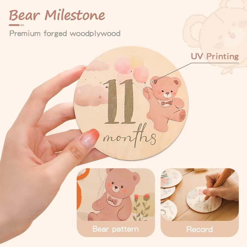 Wooden Baby Month Milestone Printed Bear Card Record Card Newborn Birthday Gift Souvenir Baby Photo Photography Accessories - FLUFFI