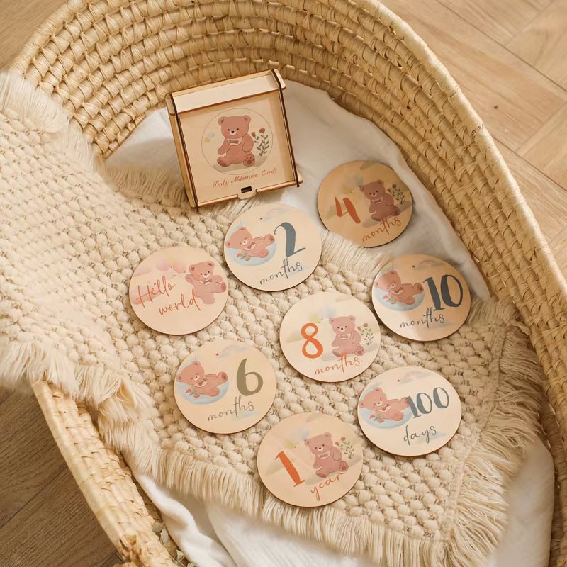 Wooden Baby Month Milestone Printed Bear Card Record Card Newborn Birthday Gift Souvenir Baby Photo Photography Accessories - FLUFFI