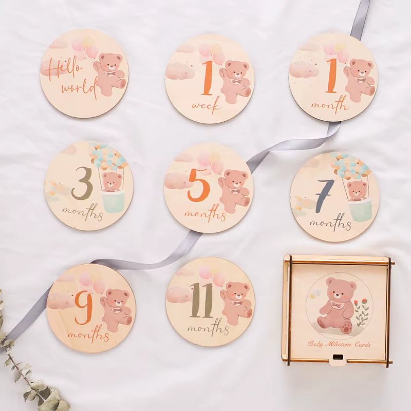 Wooden Baby Month Milestone Printed Bear Card Record Card Newborn Birthday Gift Souvenir Baby Photo Photography Accessories - FLUFFI