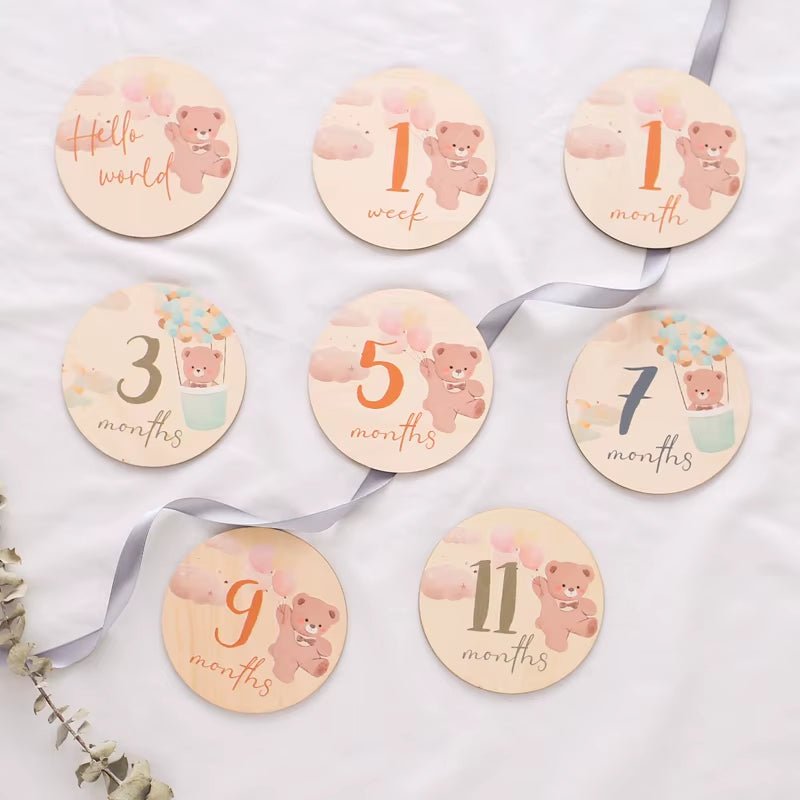 Wooden Baby Month Milestone Printed Bear Card Record Card Newborn Birthday Gift Souvenir Baby Photo Photography Accessories - FLUFFI