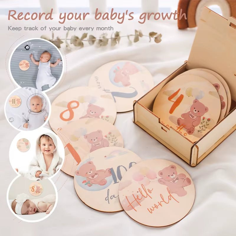 Wooden Baby Month Milestone Printed Bear Card Record Card Newborn Birthday Gift Souvenir Baby Photo Photography Accessories - FLUFFI