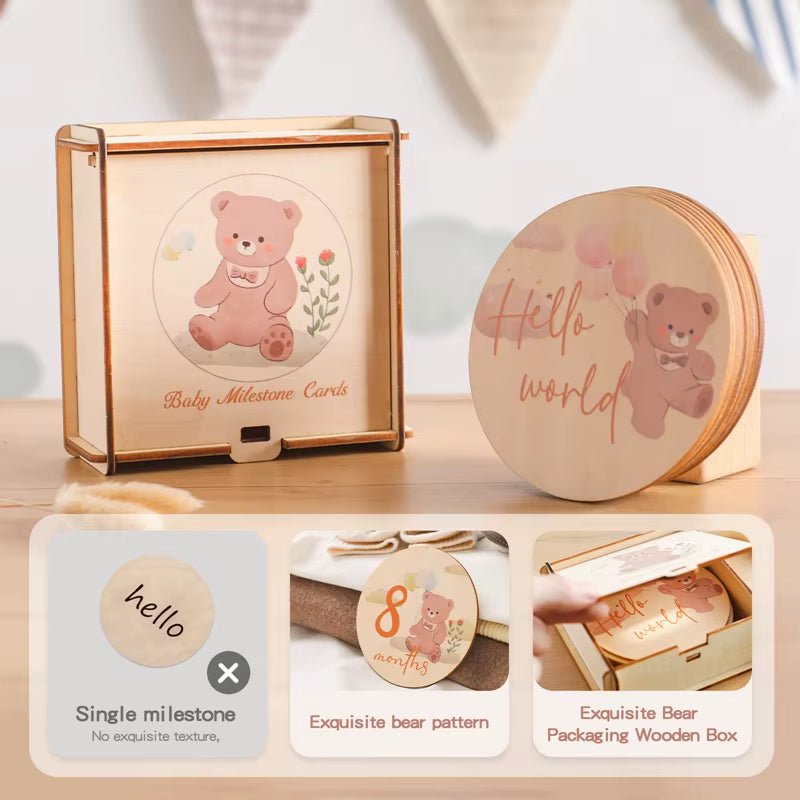 Wooden Baby Month Milestone Printed Bear Card Record Card Newborn Birthday Gift Souvenir Baby Photo Photography Accessories - FLUFFI