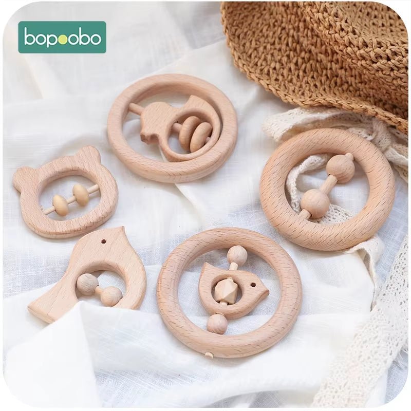 Wooden Baby Rattle Food Grade Material Baby Toy Wood Ring Baby Teether Crib Mobile Toddler Toys Baby Rattle for Baby - FLUFFI