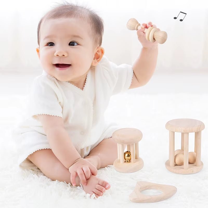 Wooden Baby Rattle Toy Montessori Teething Ring Log Geometric Grab Toy Natural Wood Rattle Set for Infants and Toddlers - FLUFFI