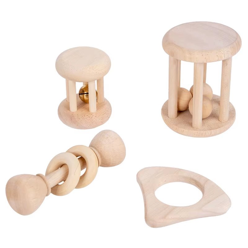 Wooden Baby Rattle Toy Montessori Teething Ring Log Geometric Grab Toy Natural Wood Rattle Set for Infants and Toddlers - FLUFFI