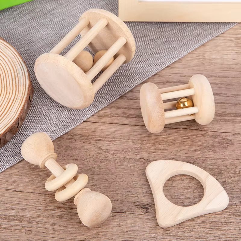Wooden Baby Rattle Toy Montessori Teething Ring Log Geometric Grab Toy Natural Wood Rattle Set for Infants and Toddlers - FLUFFI