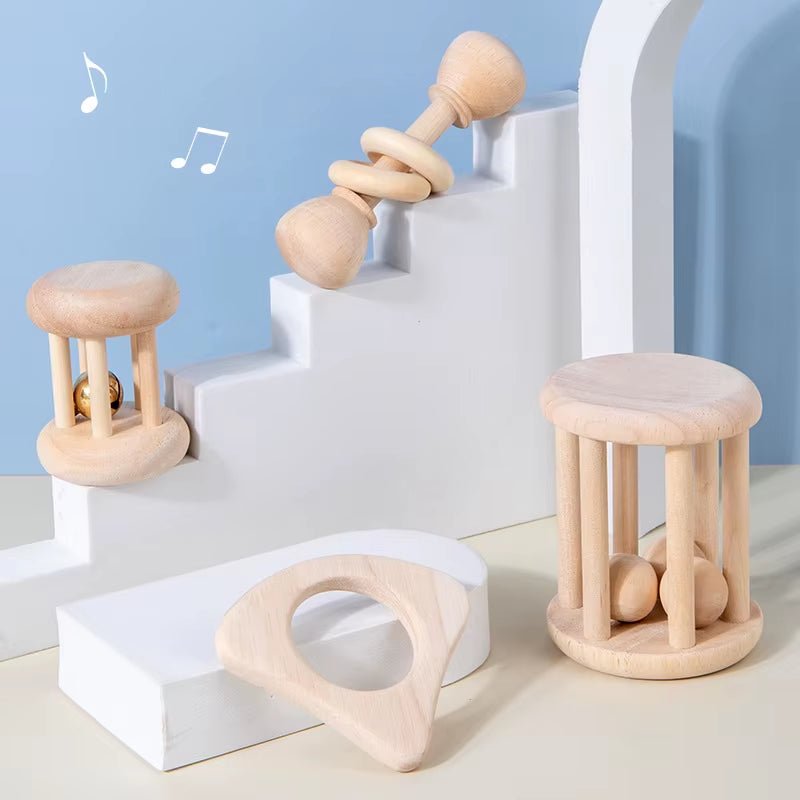 Wooden Baby Rattle Toy Montessori Teething Ring Log Geometric Grab Toy Natural Wood Rattle Set for Infants and Toddlers - FLUFFI