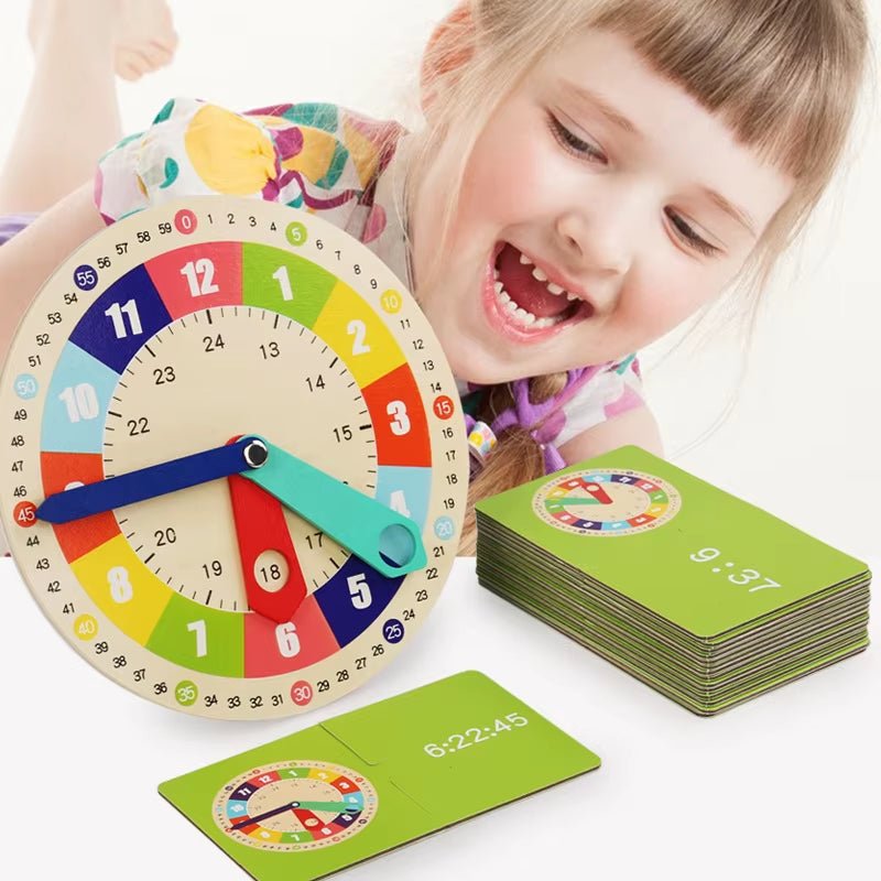 Wooden Clock Model Teaching Aid,Montessori Learning Clocks with Cards,Kindergartner Toy for Game,Interaction Playroom Wall - FLUFFI