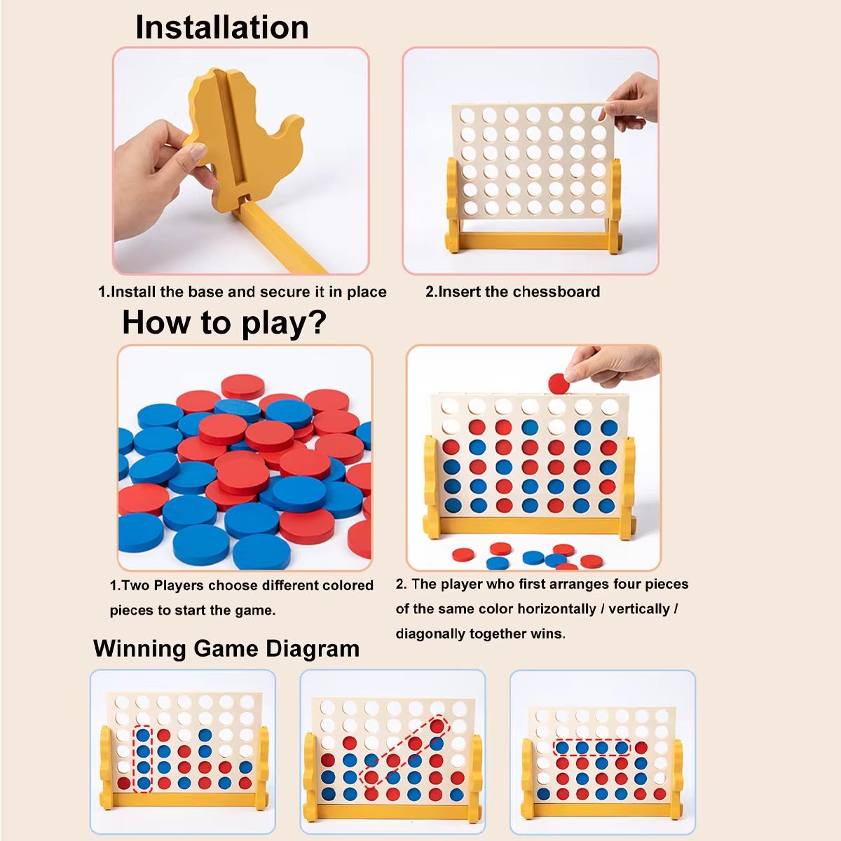 Wooden Connect 4 Classic Grid, 4 in a Row Game with Dinosaur Base, Strategy Family Board Games for 2 Players, Parent - Child Game - FLUFFI