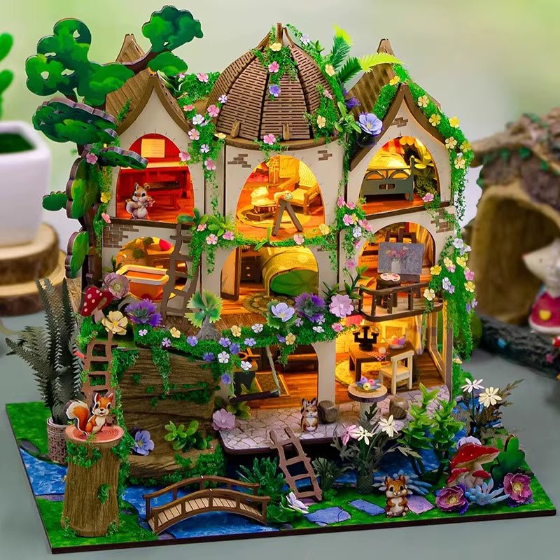 Wooden Forest Castle Cottage Miniature Building Kits Doll Houses with Furniture Casa Dollhouses for Friends Birthday Gifts - FLUFFI