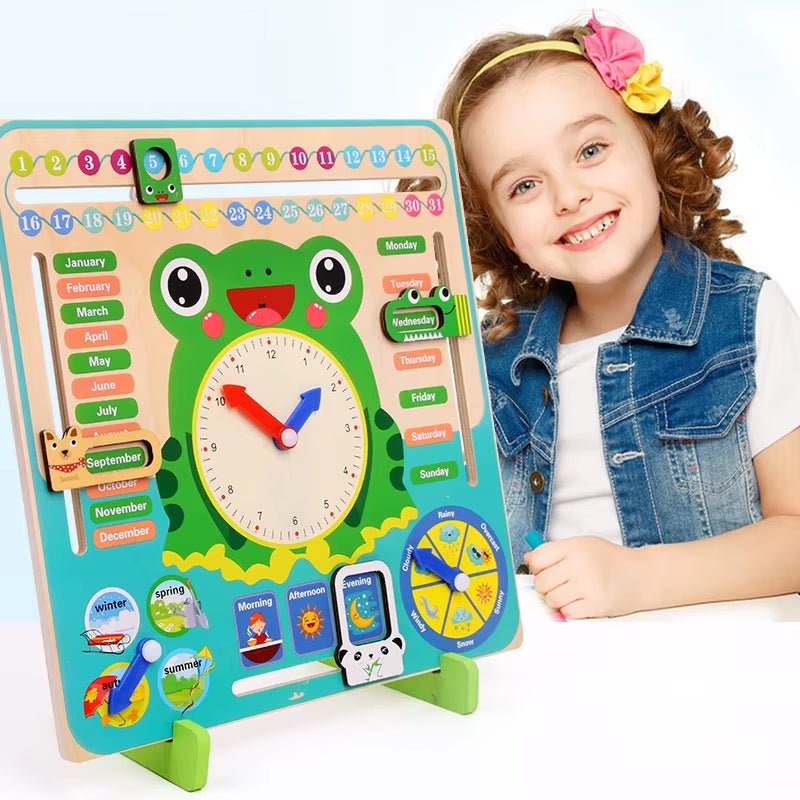 Wooden Frog Clock Toys for Kids,Learning Calendar,Weather,Season,Time,Week,Early Educational - FLUFFI