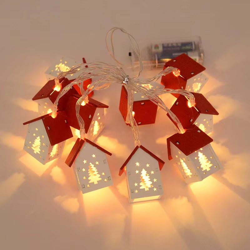 Wooden House LED String Light Xmas Tree Hanging Ornament 2024 Christmas Decoration for Home - FLUFFI