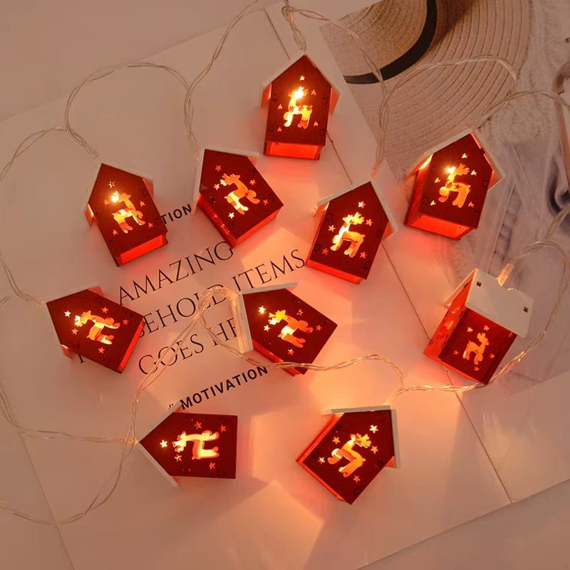 Wooden House LED String Light Xmas Tree Hanging Ornament 2024 Christmas Decoration for Home - FLUFFI