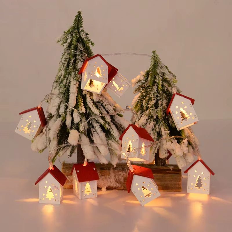 Wooden House LED String Light Xmas Tree Hanging Ornament 2024 Christmas Decoration for Home - FLUFFI