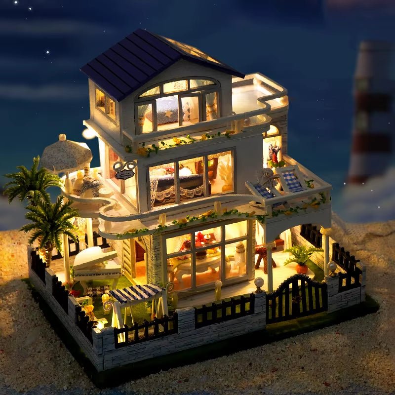 Wooden Mini Seaside Villa Miniature Building Kits Doll Houses with Furniture Casa Dollhouses - FLUFFI