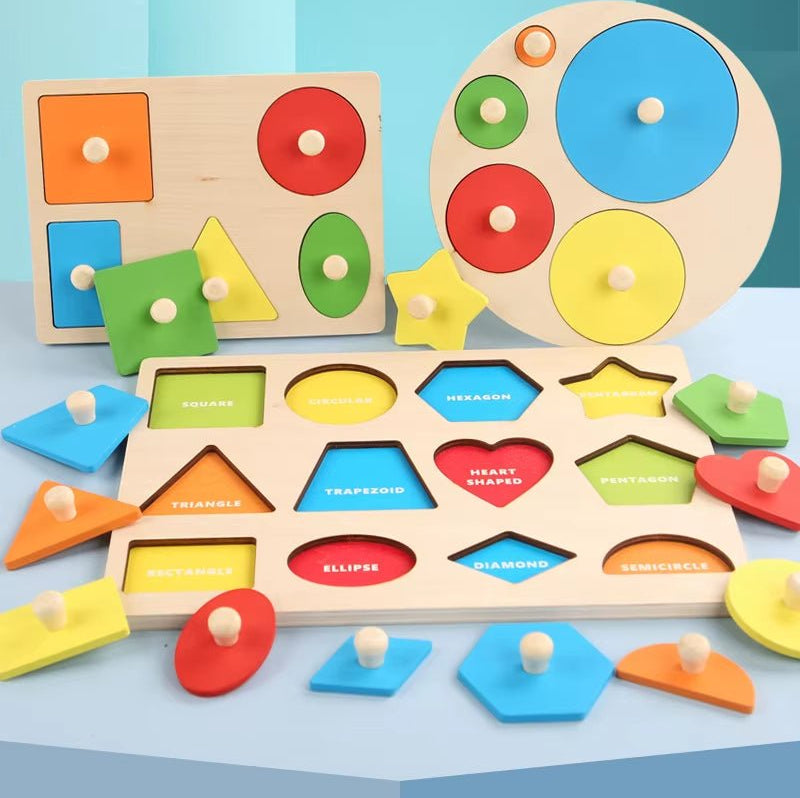 Wooden Montessori Geometric Puzzle Peg Board,Early Education Sensorial Toy for Toddlers Shape and Color Sorting - FLUFFI