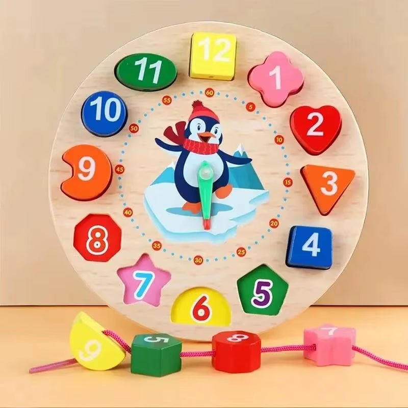 Wooden Number Blocks Puzzle Shape Color Sorting Clock Montessori Toys for Kids Early Education Penguin Patterns Time Learning - FLUFFI